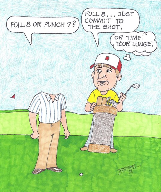 Full 8 or punch 7? personalized golf cartoon scene